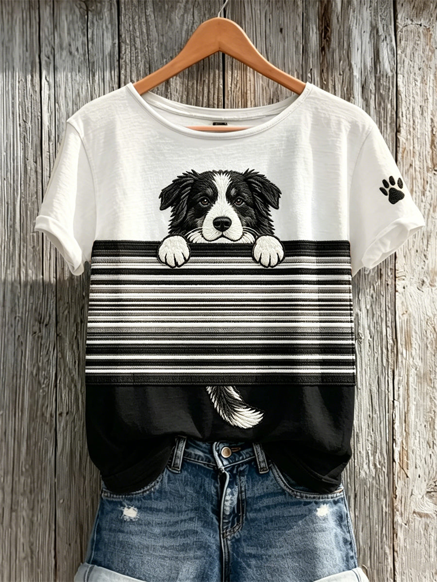 Women's Peeking Border Collie Dog & Paw Print Colorblock Print short-sleeved T-shirt