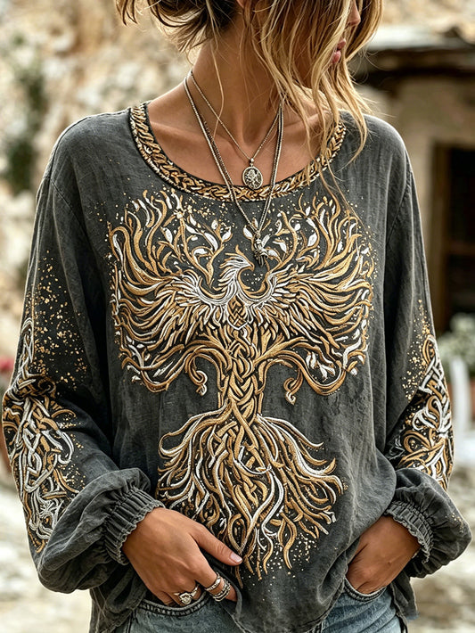 Women's Viking Life Tree and Phoenix Pattern Design Retro Cotton and Linen Shirt