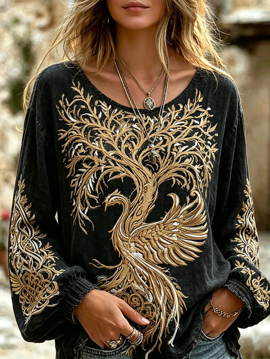 Women's Viking Life Tree and Phoenix Pattern Design Retro Cotton and Linen Shirt