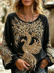 Women's Viking Life Tree and Phoenix Pattern Design Retro Cotton and Linen Shirt