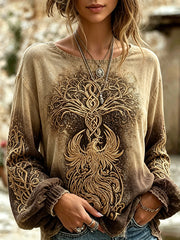 Women's Viking Life Tree and Phoenix Pattern Design Retro Cotton and Linen Shirt