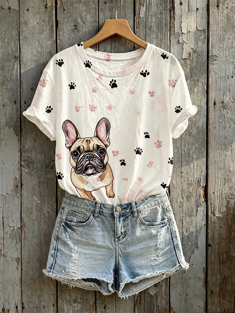 Women's Cute French Bulldog With Paws Print Short-sleeved T-shirt