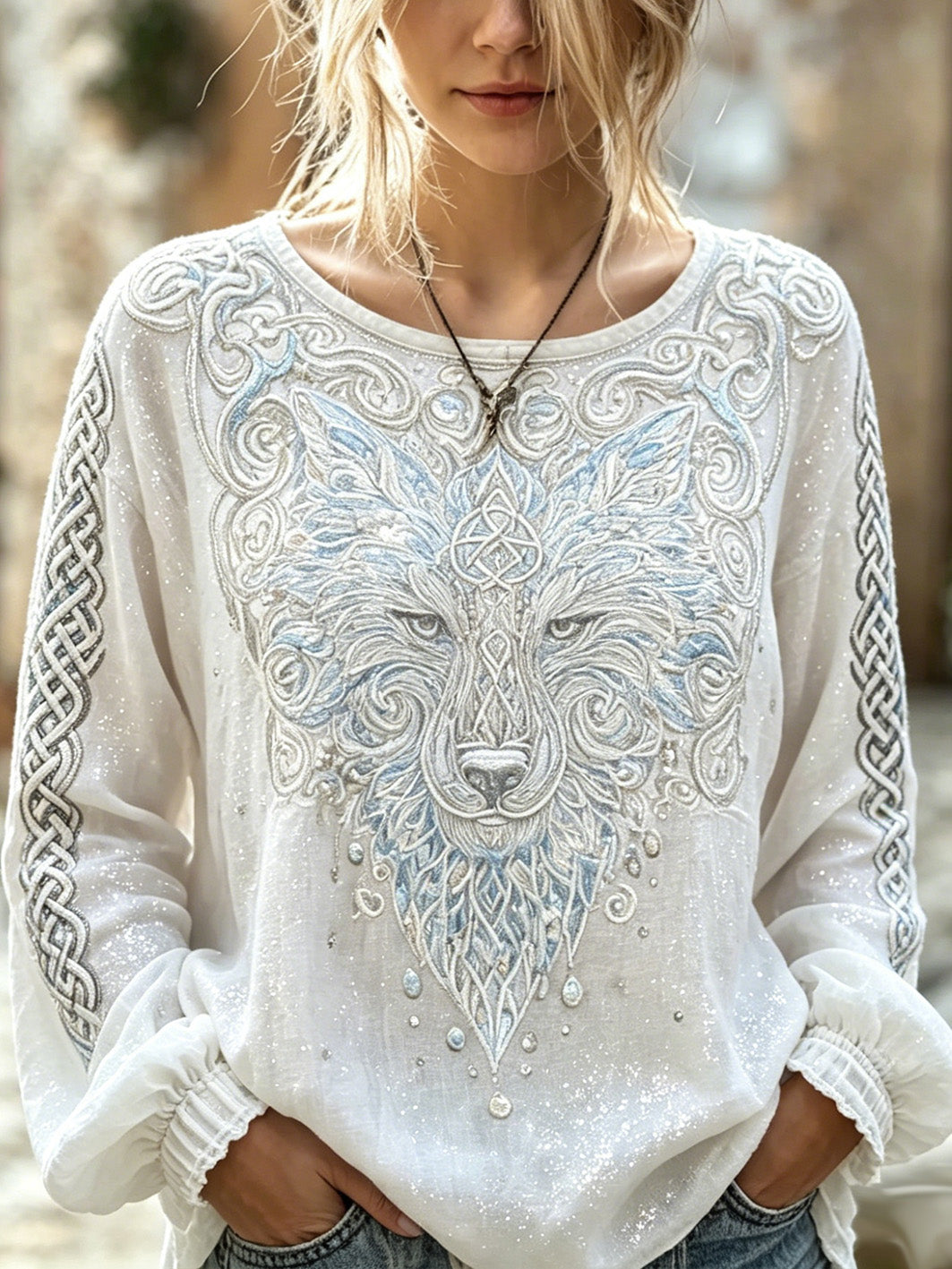 Women's Retro Wolf Head Pattern Design Cotton-Linen Shirt