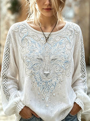 Women's Retro Wolf Head Pattern Design Cotton-Linen Shirt