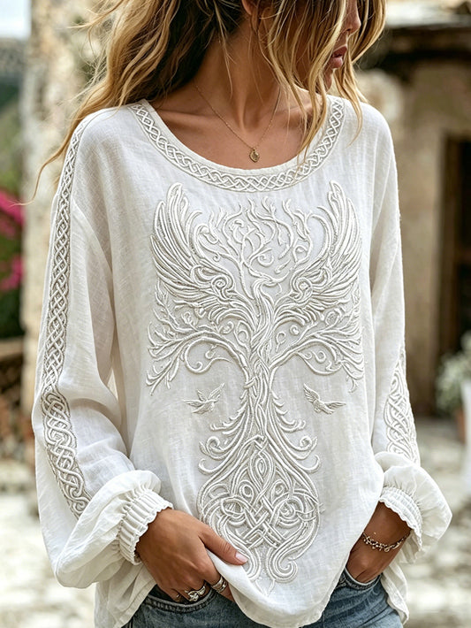 Women's Celtic knot pattern printed cotton and linen shirt