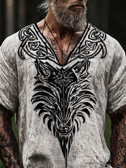 Men's Retro Nordic Mythology Viking Pattern Printed Cotton-Linen Shirt
