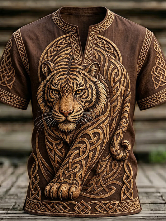 Men's Retro Viking Inspired Celtic Tiger Print Linen T-shirt