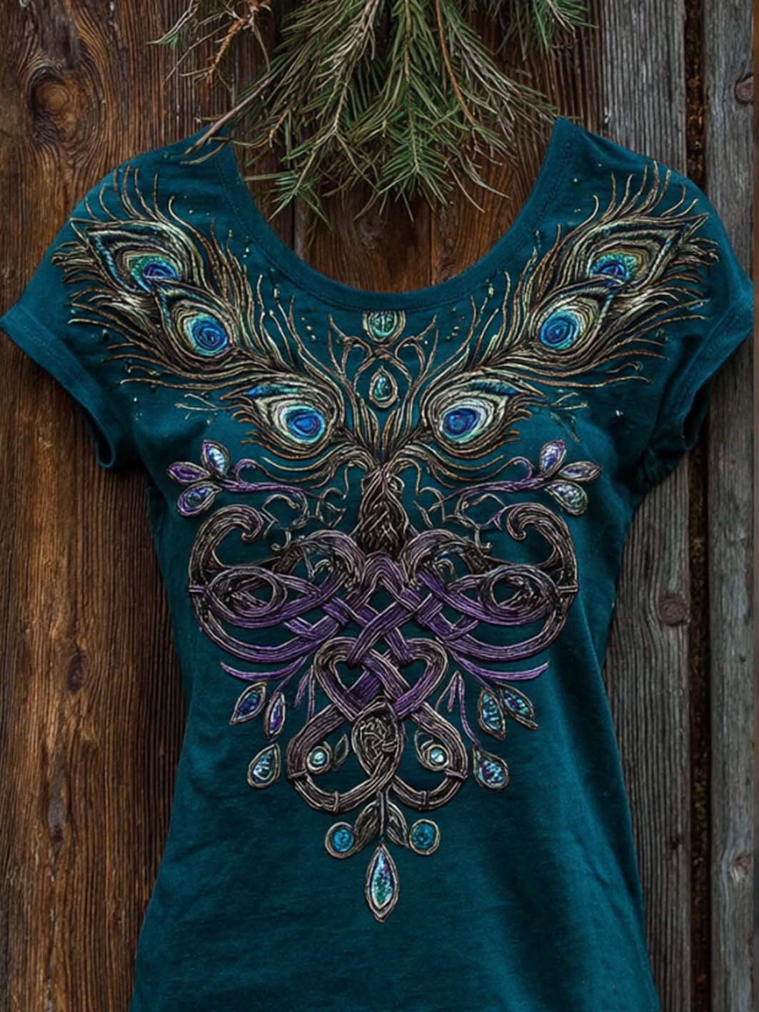 Women's retro Viking style peacock feather pattern printed casual washed short-sleeve T-shirt