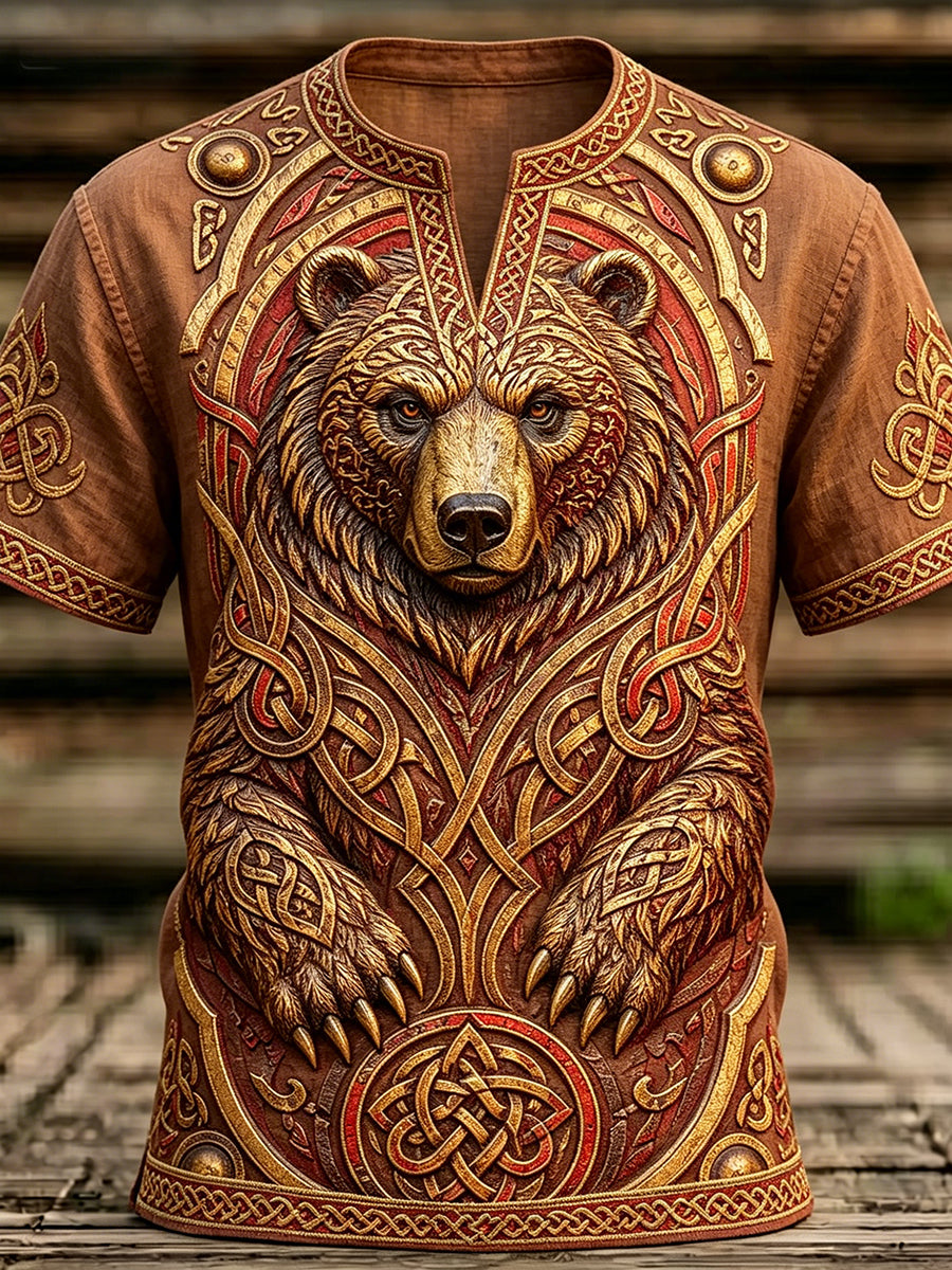 Men's Vintage Viking Celtic Berserker Bear Print Linen T-shirt