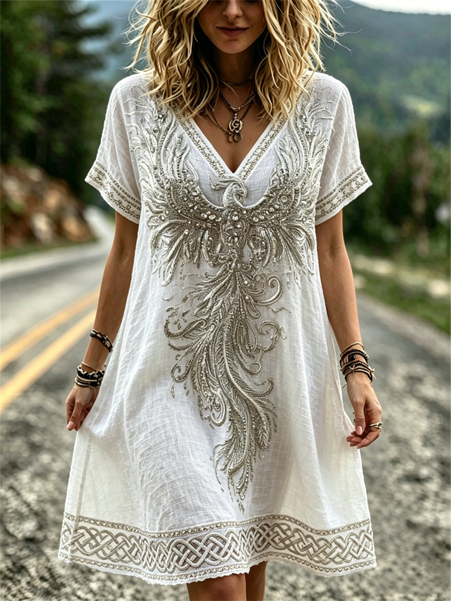 Women's Classy Silver Phoenix Viking Celic Print Short Sleeve Mini Dress