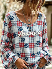 Women's cute cat claw pattern red and blue checkered casual cotton and linen shirt