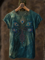 Women's retro Viking style peacock feather pattern printed casual washed short-sleeve T-shirt