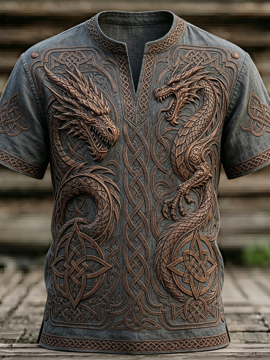 Men's Vintage Viking Inspired Celtic Dragon Print Linen T-shirt