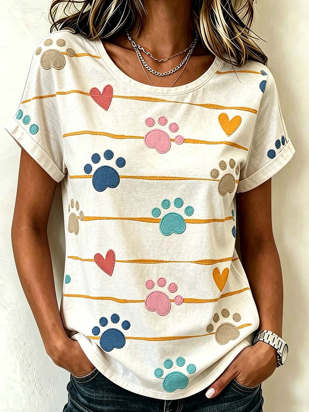 Women's  cute cat claw pattern short-sleeved T-shirt