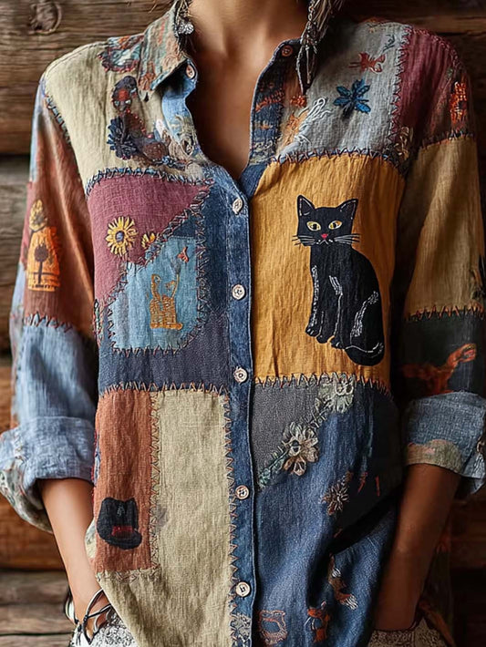 Women's  retro cute cat print casual shirt