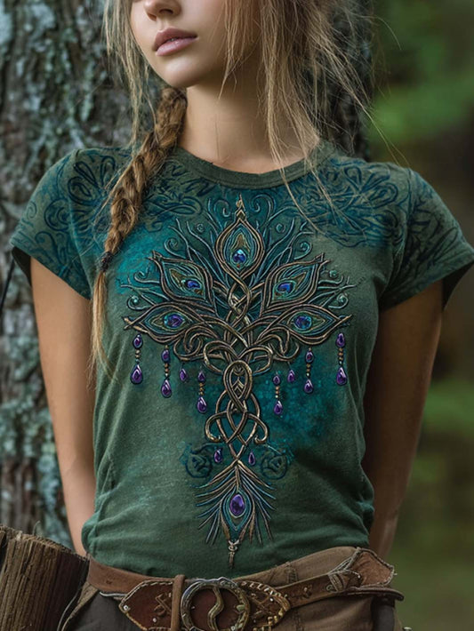 Women's retro Viking style peacock feather pattern printed casual washed short-sleeve T-shirt