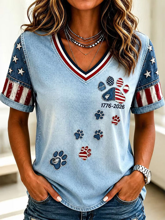 Women's American Flag Cat Print Casual T-Shirt