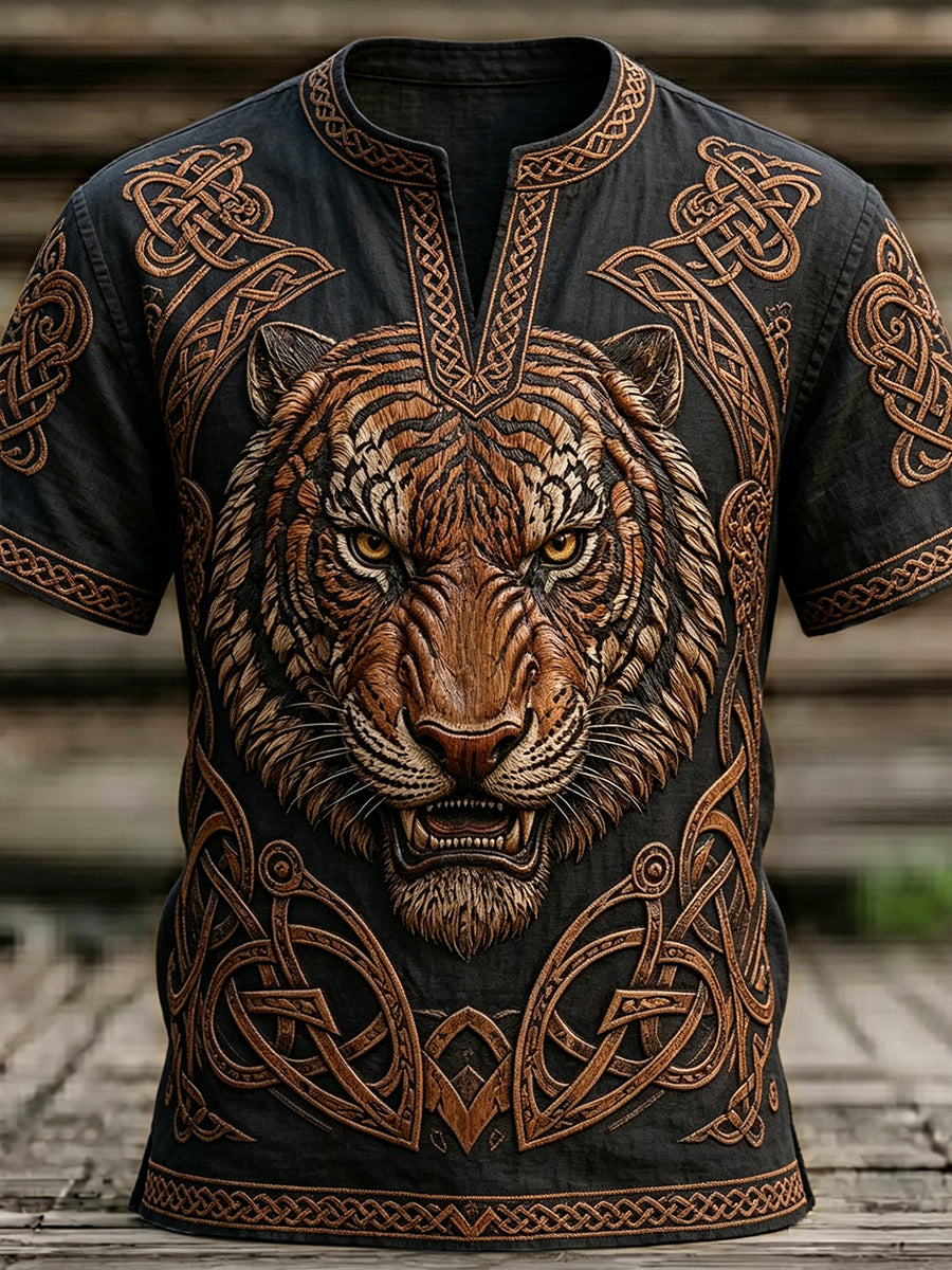 Men's Vintage Viking Inspired Celtic Tiger Print Linen T-shirt
