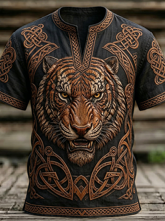 Men's Vintage Viking Inspired Celtic Tiger Print Linen T-shirt