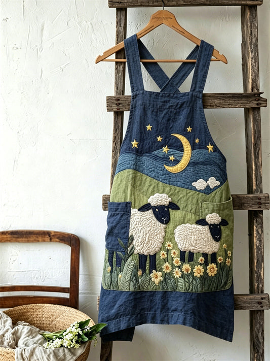 Women's Vintage Farm Sheep Floral Night Landscape Print Linen Apron
