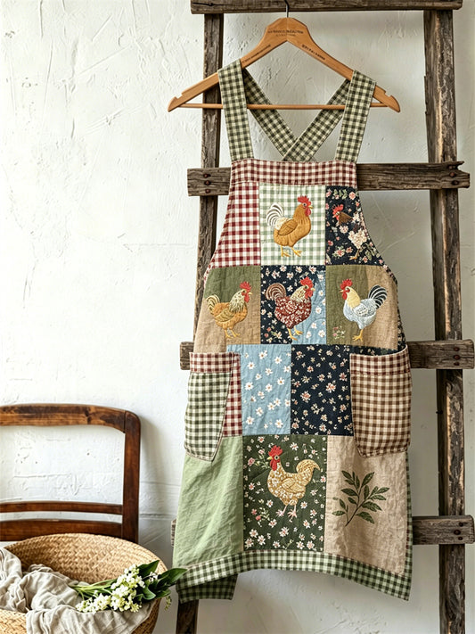 Women's Vintage Cottagecore Chicken Floral & Check Patchwork Print Linen Apron