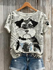 Women's Schnauzer Dog & Paw Print Newspaper Patchwork Art Print short-sleeved T-shirt