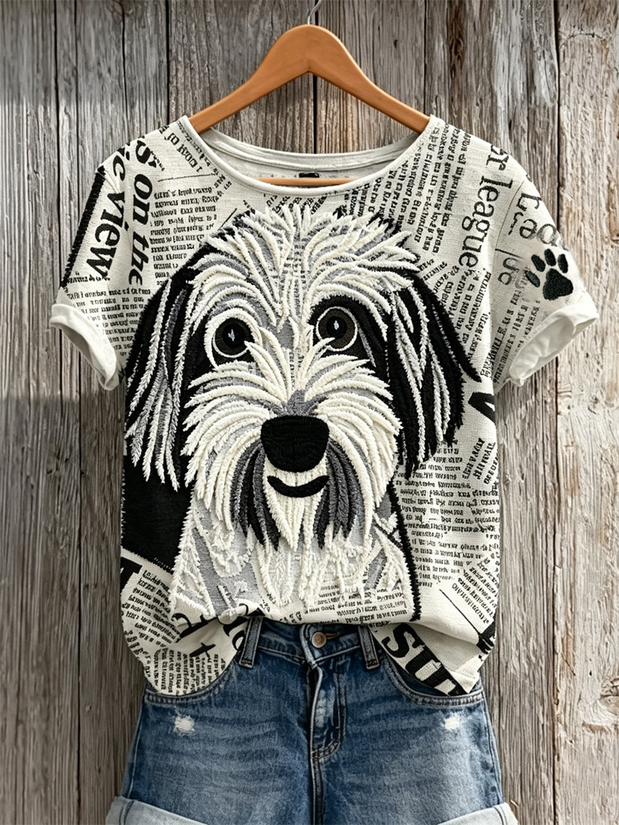 Women's Fuzzy Dog & Paw Print Newspaper Patchwork Art Print short-sleeved T-shirt