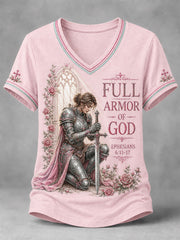 Women's Christian Full Armor Of God Print Casual V-Neck Tee
