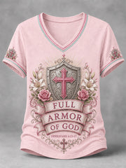 Women's Christian Full Armor Of God Print Casual V-Neck Tee