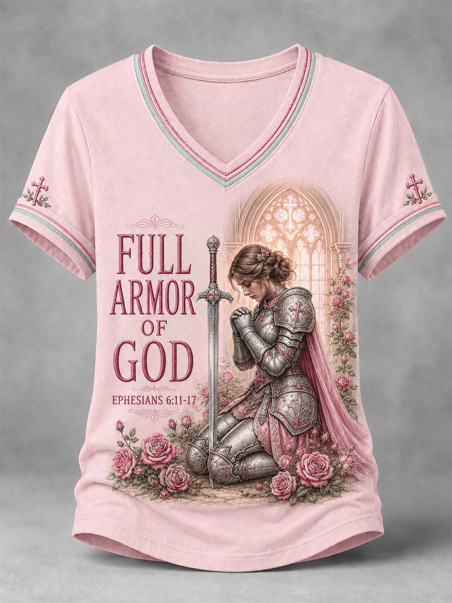Women's Christian Full Armor Of God Print Casual V-Neck Tee
