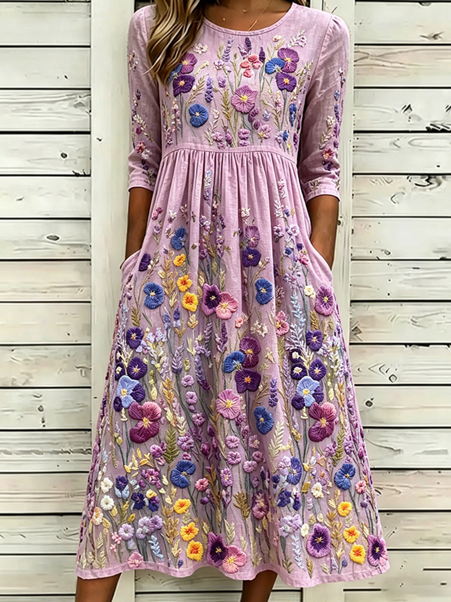 Women's Classy Pansies Art Print Cotton Linen Dress
