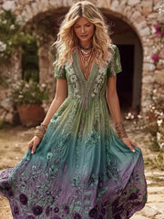 Women's Classy Purple Floral Art Gradient Print V Neck Flowy Maxi Dress