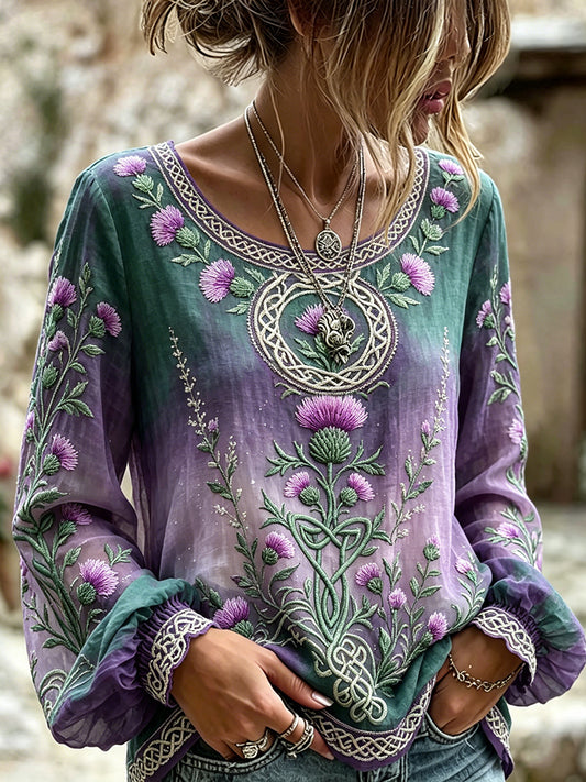 Women's Elegant Scottish Thistle Art Viking Celtic Print Cotton-Linen Shirt