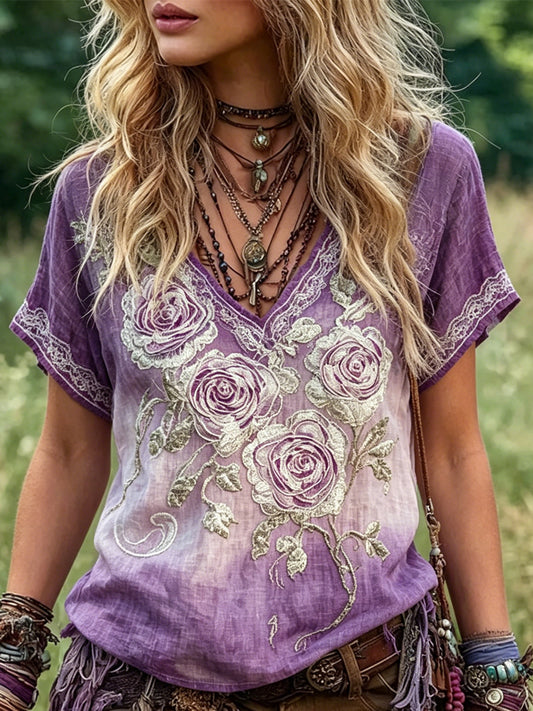 Women's Vintage Purple Boho Floral Art Print Linen Short-sleeved T-shirt