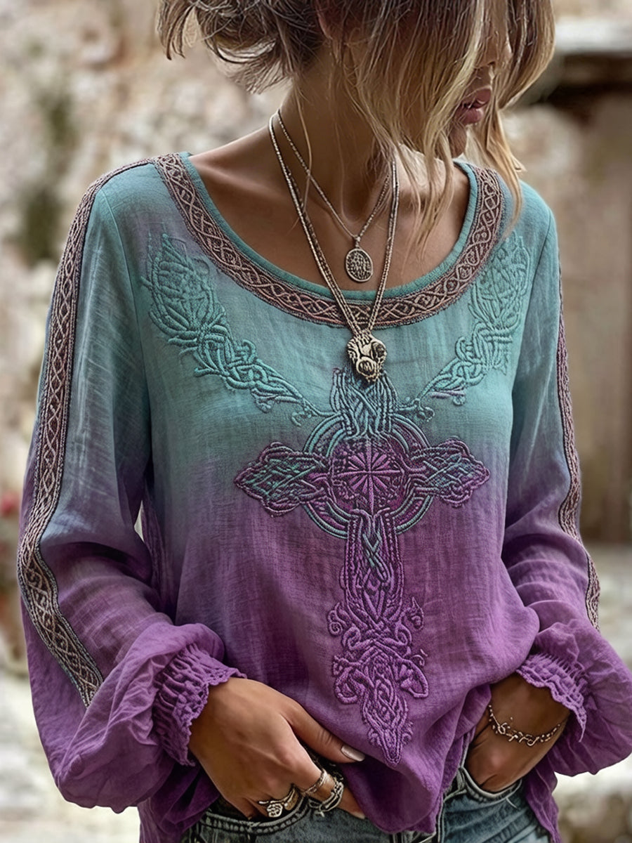 Women's Classy Viking Celtic Knot Pattern Print Cotton-Linen Shirt