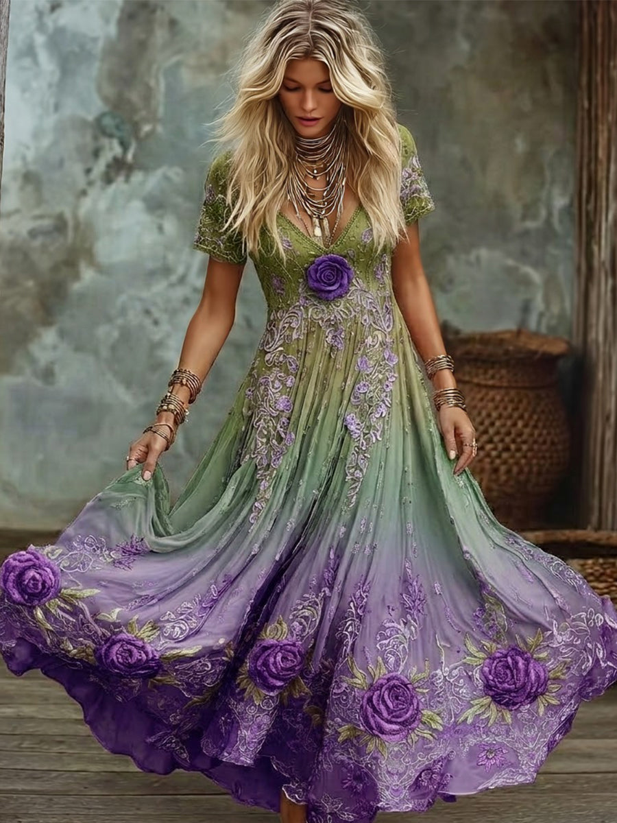 Women's Vintage Purple Rose Art Gradient Print V Neck Flowy Maxi Dress