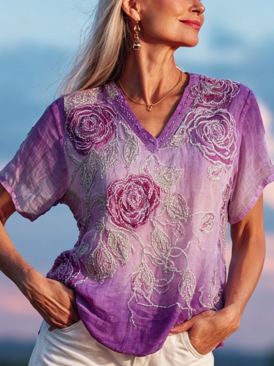 Women's Vintage Boho Purple Floral Art Print Linen Short-sleeved T-shirt
