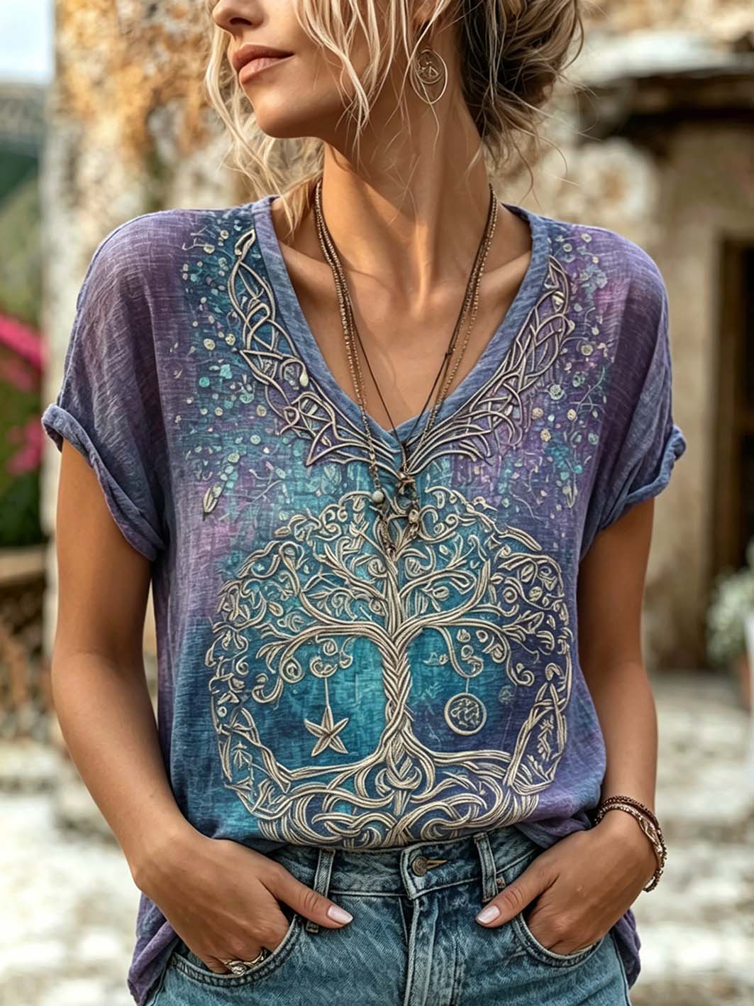 Women's retro viking style pattern printed casual cotton and linen shirt