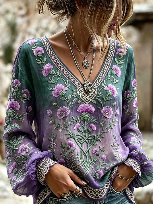 Women's Classy Scottish Thistle Art Celtic Print V Neck Cotton-Linen Shirt