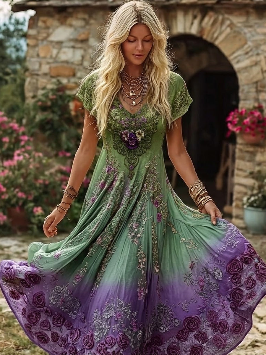 Women's Vintage Boho Floral Art Purple Gradient Print Flowy Maxi Dress