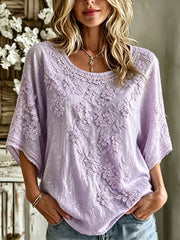 Women's Vintage Purple Floral Art Print Round Neck Linen Tunic