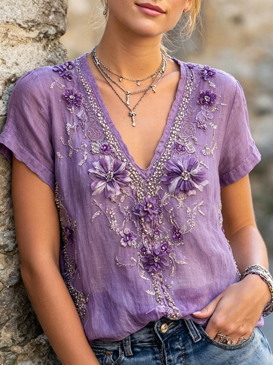 Women's Vintage Purple Boho Floral Art Print Linen Short-sleeved T-shirt
