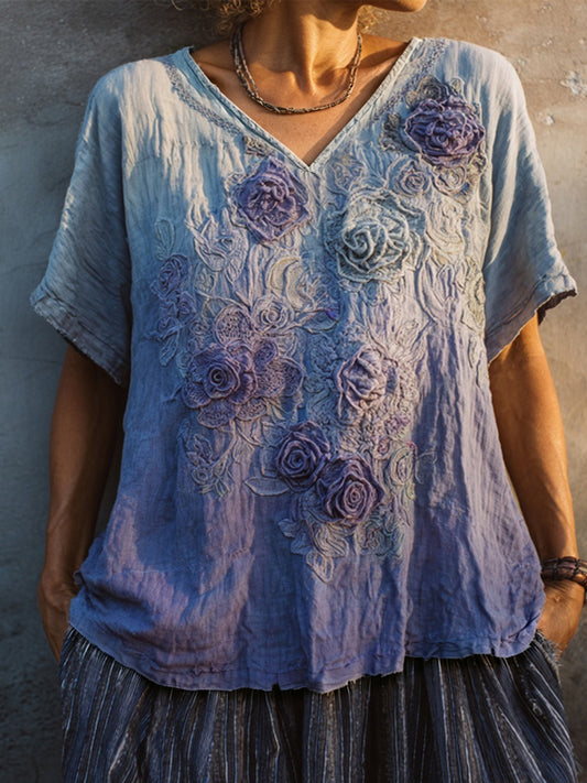 Women's Classy Purple Boho Rose Art Print Linen Short-sleeved T-shirt