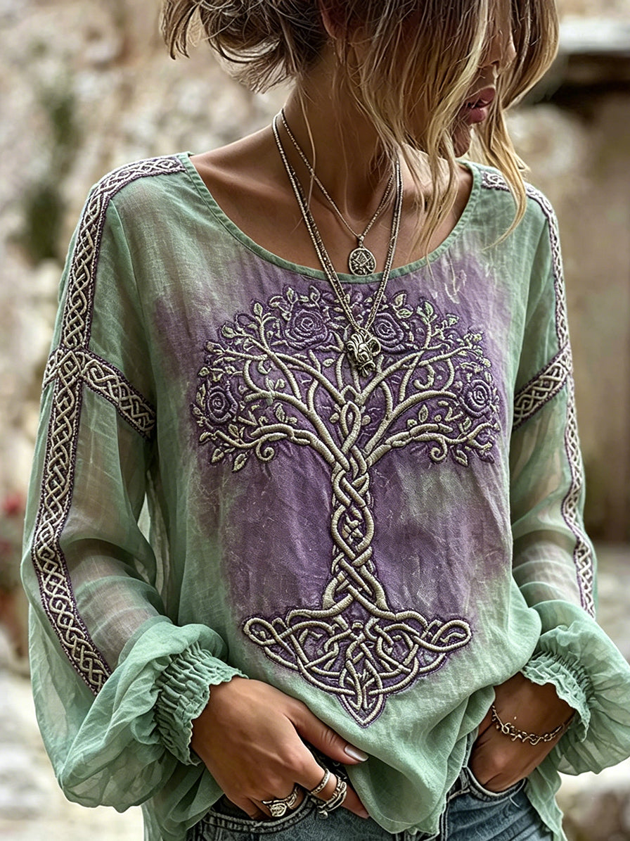 Women's Classy Celtic Tree Of Life Art Print Cotton-Linen Shirt