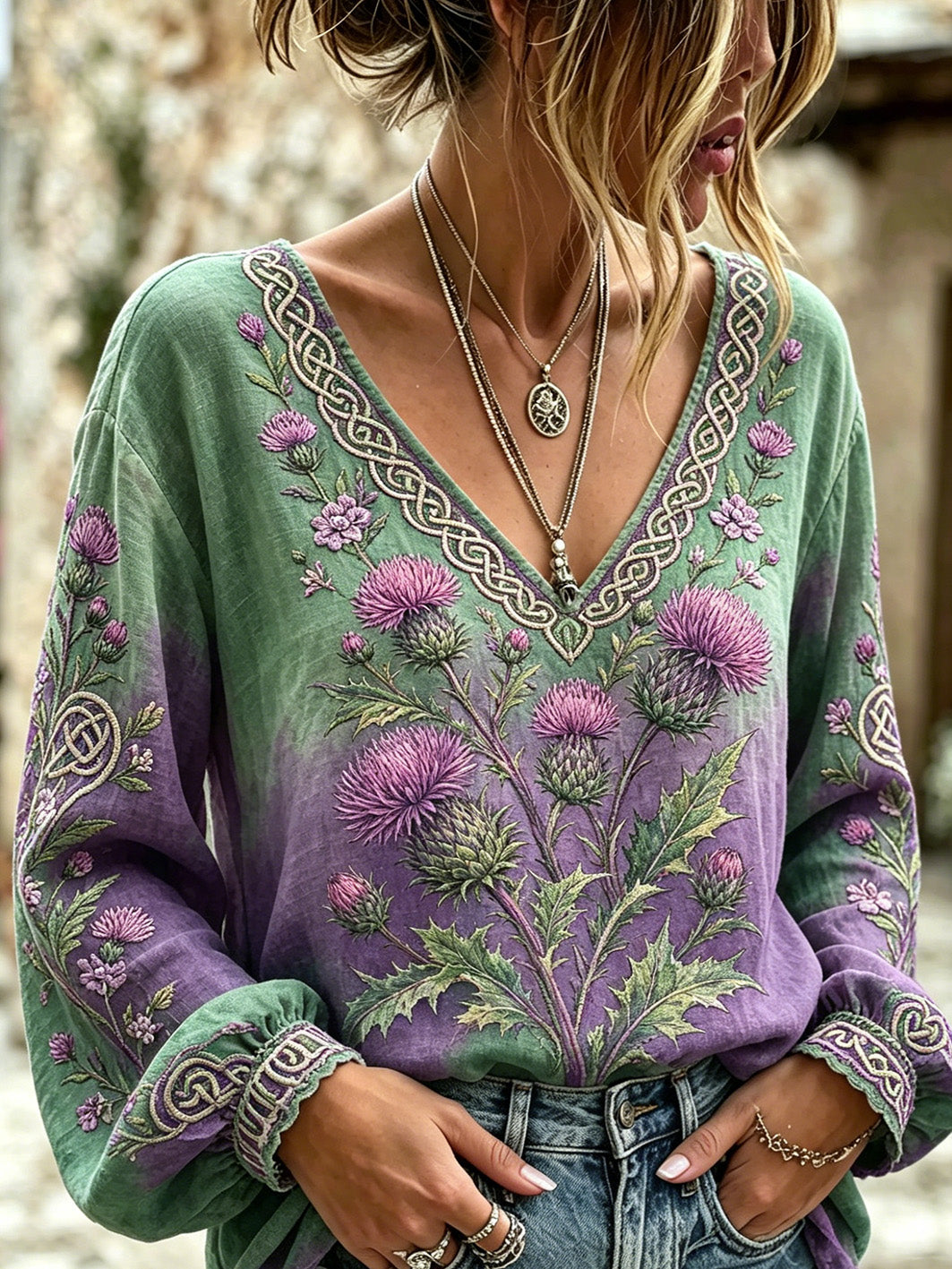 Women's retro Scottish Thistle flower pattern printed cotton and linen shirt