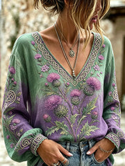 Women's retro Scottish Thistle flower pattern printed cotton and linen shirt