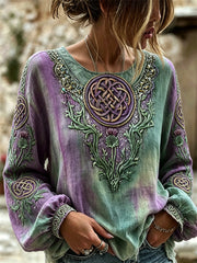 Women's Viking Celtic Knot Scotland Thistle Print Cotton-Linen Shirt