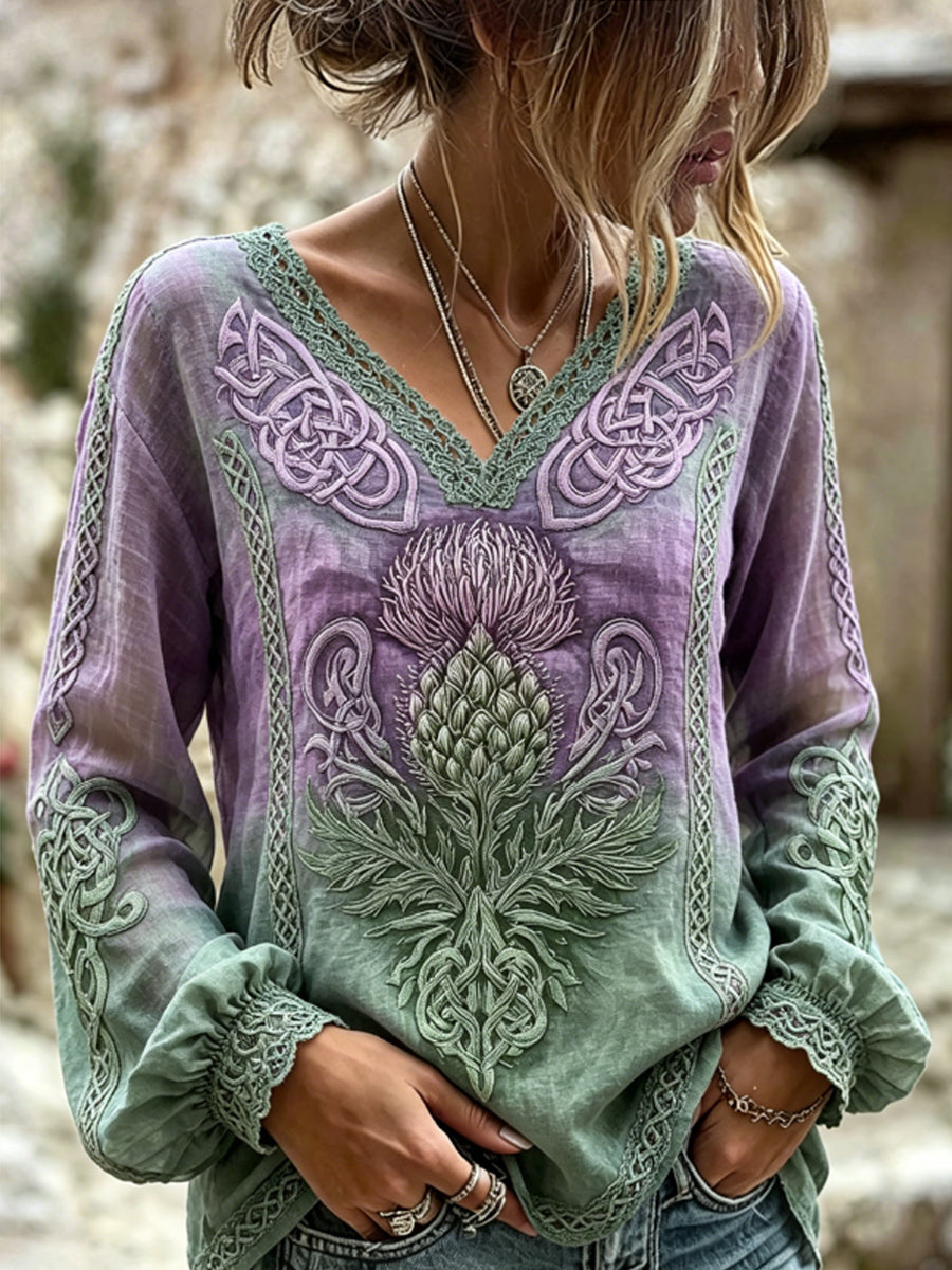 Women's Classy Viking Inspired Scottish Thistle Celtic Print Cotton-Linen Shirt