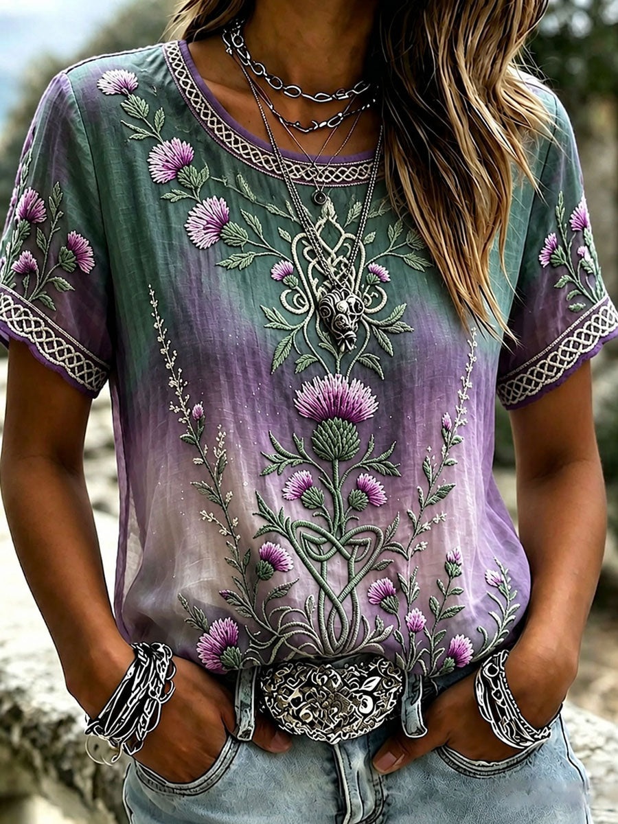 Women's Vintage Celtic Scottish Thistle Classy Print Linen Short Sleeve T-shirt