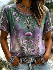 Women's Vintage Celtic Scottish Thistle Classy Print Linen Short Sleeve T-shirt
